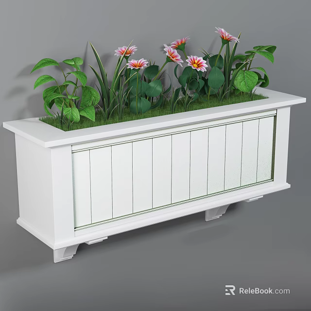 Stylish White Wooden Slat Garden Planter Box With Green Plants And Pink Flowers 3d model 