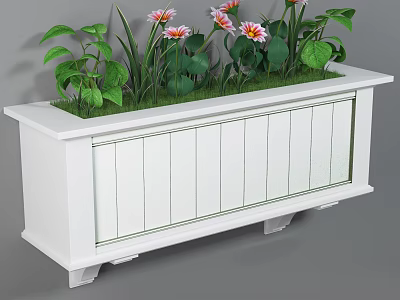 Stylish White Wooden Slat Garden Planter Box With Green Plants And Pink Flowers 3d model
