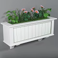 Stylish White Wooden Slat Garden Planter Box With Green Plants And Pink Flowers