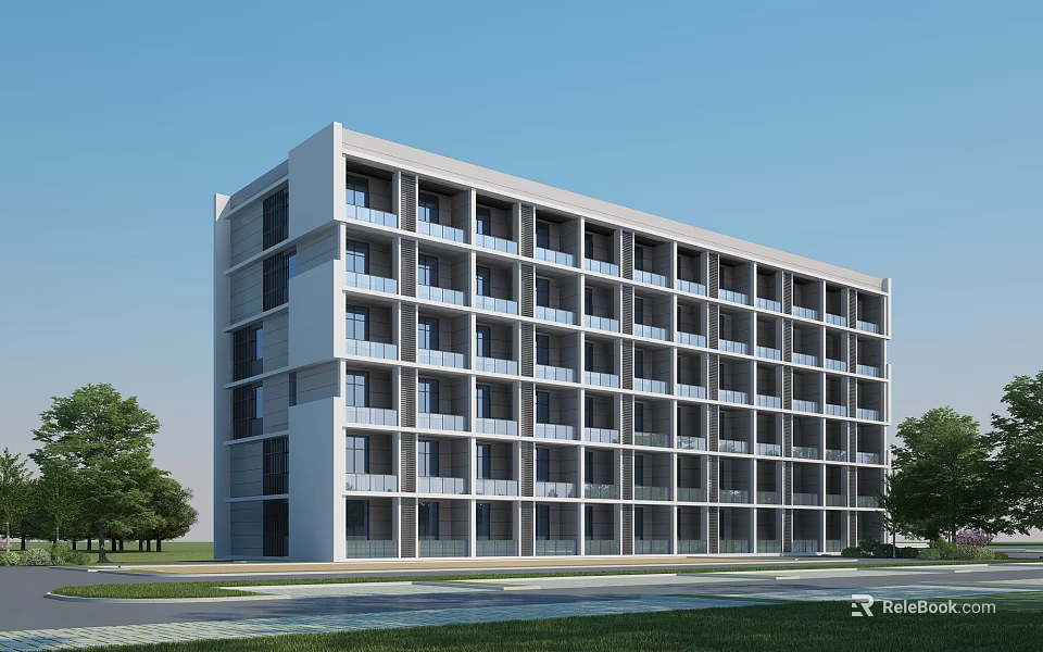 Modern School Building Multi Story With Large Windows Balconies Green Trees Lawn And Blue Sky 3d model 