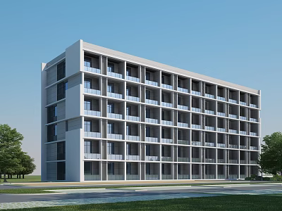 Modern School Building Multi Story With Large Windows Balconies Green Trees Lawn And Blue Sky 3d model