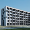 Modern School Building Multi Story With Large Windows Balconies Green Trees Lawn And Blue Sky