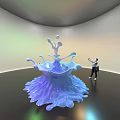 Blue Water Splash Shaped Art Installation With Visitor Interacting In Modern Gallery Space