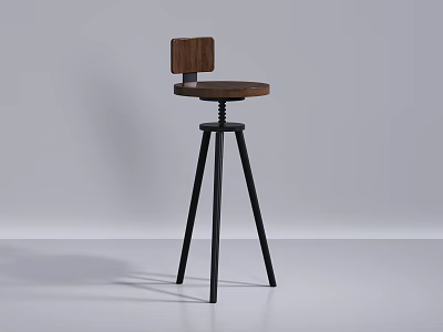 Modern Wooden Bar Stool With Black Metal Tripod Legs And Simple Backrest Design 3d model