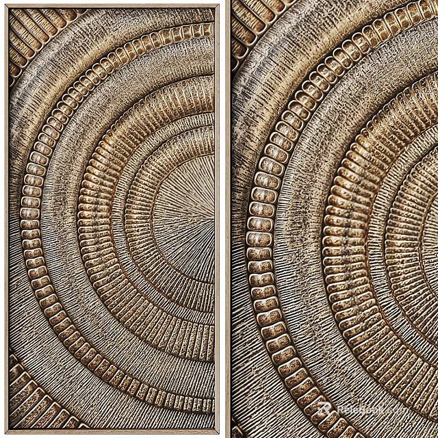 Abstract Painting Diptych With Metallic Texture Concentric Circles And Radial Lines 3d model 