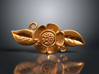 Shiny Golden Flower Shaped Clothing Accessory With Leaves And Metallic Design 3d model