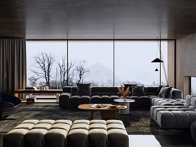 Modern Living Room Sofa Coffee Table Set With Mountain View And Pendant Light 3d model