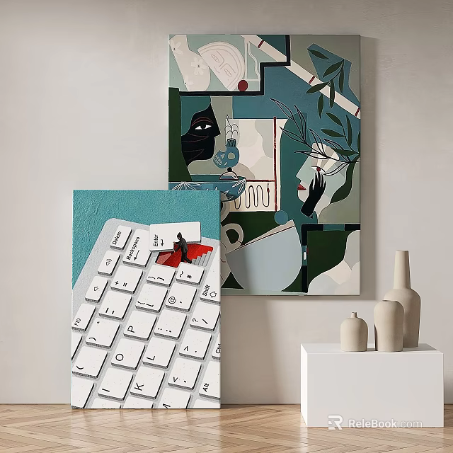 Modern Abstract Painting Interior Decor with White Vases and Keyboard on Wall 3d model 
