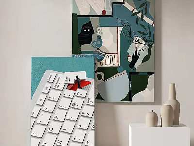 Modern Abstract Painting Interior Decor with White Vases and Keyboard on Wall 3d model
