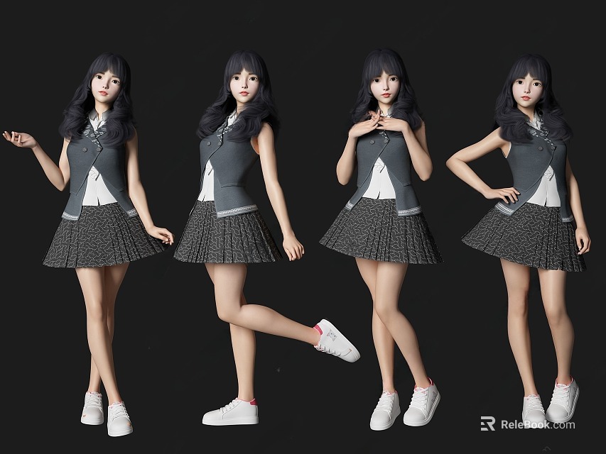 Four Women With Different Poses Wearing Gray Vest White Shirt And Black Polka Dot Skirt 3d model 