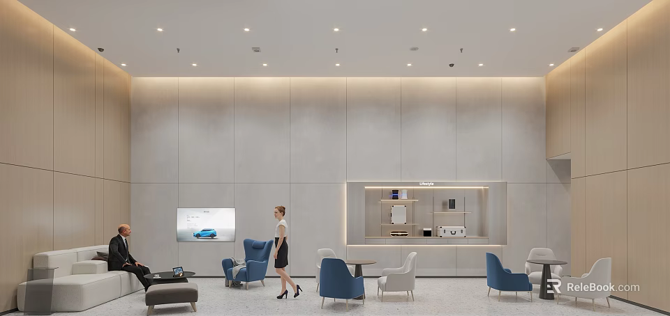 Modern Casual Lounge Area Interior With Blue White Chairs Tables Ceiling Lights And Car Screen 3d model 