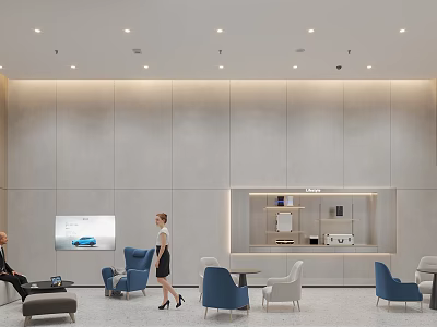 Modern Casual Lounge Area Interior With Blue White Chairs Tables Ceiling Lights And Car Screen 3d model