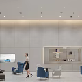 Modern Casual Lounge Area Interior With Blue White Chairs Tables Ceiling Lights And Car Screen