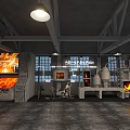 Industrial Style Interior Space With Concrete Walls Metal Trusses Hanging Lamps And Vintage Displays