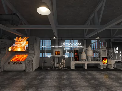 Industrial Style Interior Space With Concrete Walls Metal Trusses Hanging Lamps And Vintage Displays 3d model