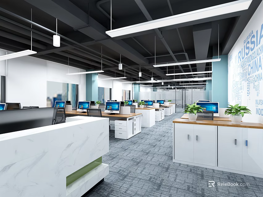 Modern Public Office Space Interior With Open Layout Workstations Computers Hanging Lights And Green Plants 3d model