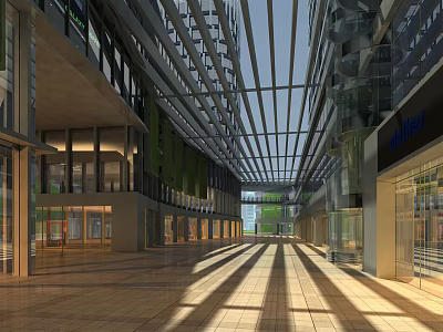 Modern Commercial Street With Glass Roof Shops And Sunlit Pedestrian Walkway 3d model