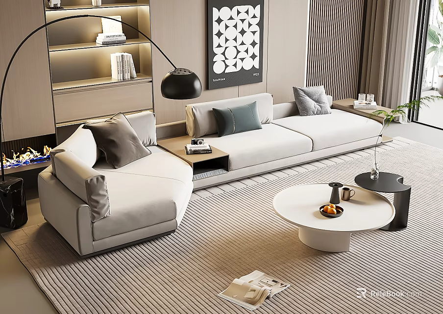 Modern Sectional Sofa Living Room With Beige Upholstery Throw Pillows Coffee Table And Area Rug 3d model 