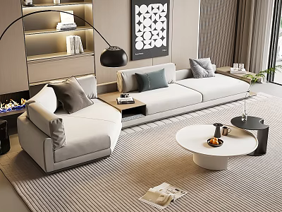 Modern Sectional Sofa Living Room With Beige Upholstery Throw Pillows Coffee Table And Area Rug 3d model