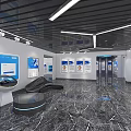 Modern Tech Exhibition Hall With White Central Installation And Blue Display Panels 3d model