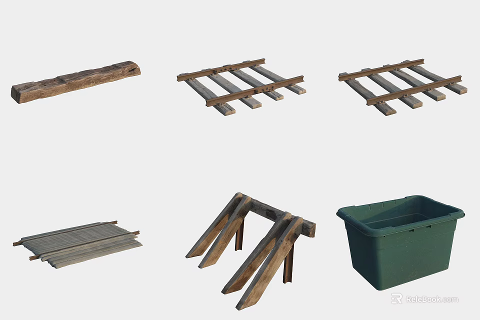 Various Wooden Pallets Planks And Green Plastic Bin Storage Items 3d model