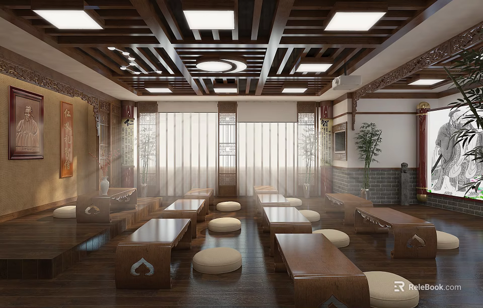 School Chinese Style Classroom with Wooden Desks Tatami Windows Lanterns and Traditional Decorations 3d model 