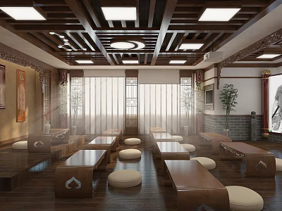 School Chinese Style Classroom with Wooden Desks Tatami Windows Lanterns and Traditional Decorations 3d model