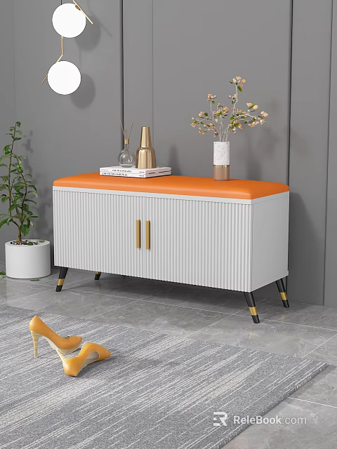 Sofa Bench with White Cabinet Orange Padded Top Golden Handles Black Legs in Modern Room 3d model 