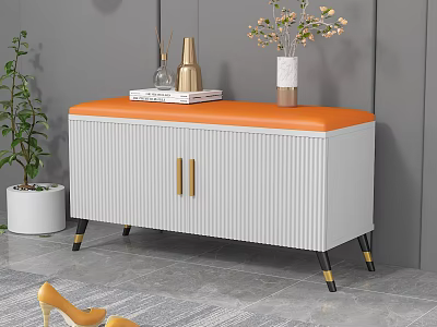 Sofa Bench with White Cabinet Orange Padded Top Golden Handles Black Legs in Modern Room 3d model