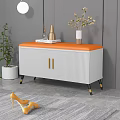 Sofa Bench with White Cabinet Orange Padded Top Golden Handles Black Legs in Modern Room