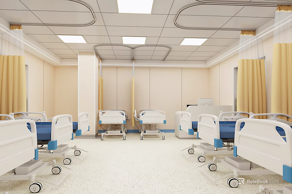 Hospital Outpatient Ward Interior Featuring White Blue Beds Yellow Curtains And Ceiling Lights 3d model 