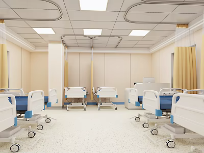 Hospital Outpatient Ward Interior Featuring White Blue Beds Yellow Curtains And Ceiling Lights 3d model