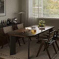 Elegant Wooden Dining Table Set With Chairs Flower Arrangement Glassware Near Window And Floor Lamp