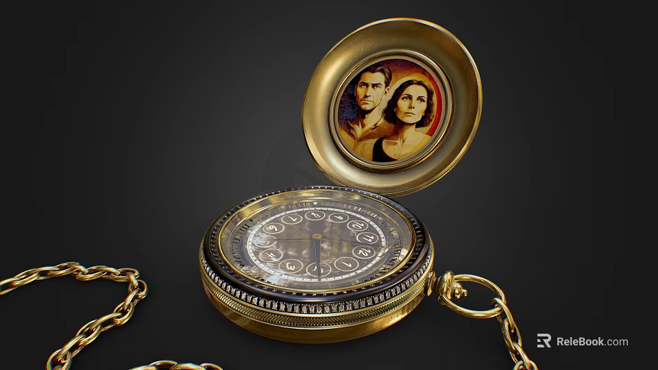 Vintage Gold Pocket Watch with Portrait Inside Dial and Chain 3d model 
