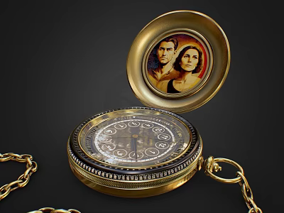 Vintage Gold Pocket Watch with Portrait Inside Dial and Chain 3d model