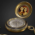 Vintage Gold Pocket Watch with Portrait Inside Dial and Chain