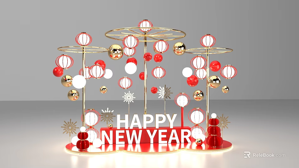 New Year Themed Photo Check In Spot With Red Gold Balls Lanterns Snowflakes And Snowmen 3d model 