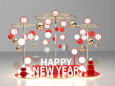 New Year Themed Photo Check In Spot With Red Gold Balls Lanterns Snowflakes And Snowmen 3d model
