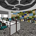 Modern Public Workspace Featuring Teal Chairs Geometric Ceiling Lights Wooden Panels And Carpeted Floor