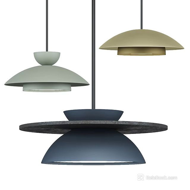 Three Modern Dome Shaped Pendant Lights In Various Colors With Layered Design Structure 3d model