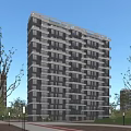 High Rise Residential Building With Balconies Green Plants And Pink Flowers Surrounded By Trees