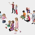 Group of Kids Playing Various Activities Standing Sitting And Holding Toys