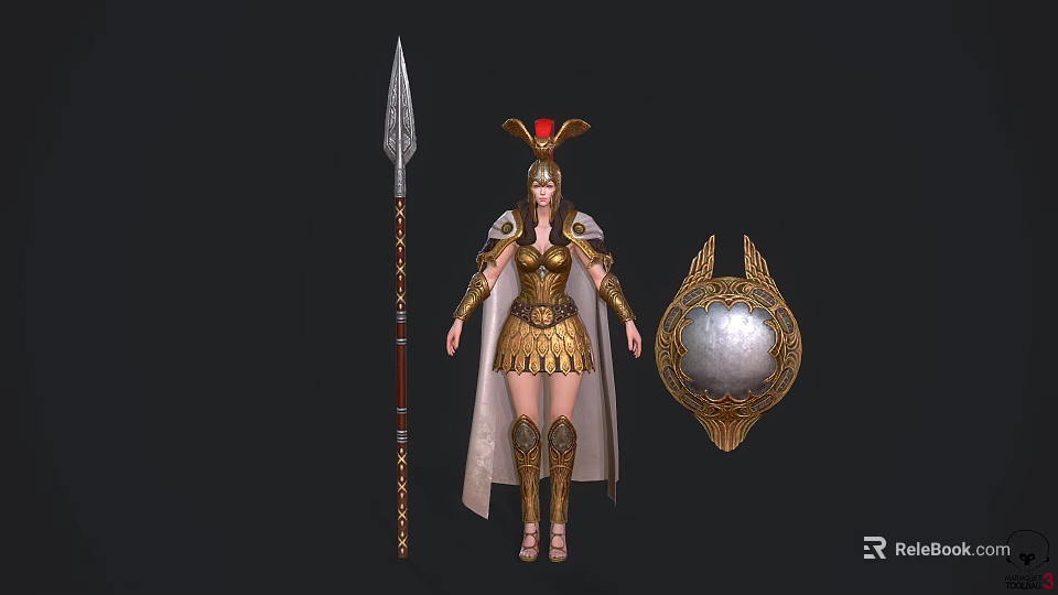 Mythical Warrior Woman in Golden Armor with Red Plume Helmet Spear and Shield 3d model 