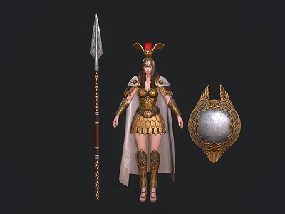 Mythical Warrior Woman in Golden Armor with Red Plume Helmet Spear and Shield 3d model