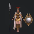 Mythical Warrior Woman in Golden Armor with Red Plume Helmet Spear and Shield