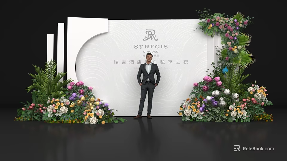 St Regis Event Backdrop Floral Display With Colorful Flowers And Green Plants 3d model 