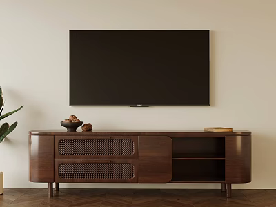 Modern Wooden TV Stand with Woven Doors Storage Shelf Decorative Bowl and Wall TV 3d model