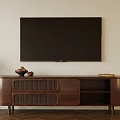 Modern Wooden TV Stand with Woven Doors Storage Shelf Decorative Bowl and Wall TV