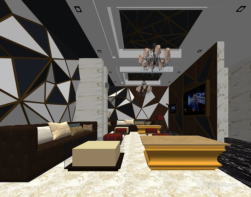 KTV Interior Design With Geometric Patterned Walls Chandelier Sofa And TV Screen 3d model 