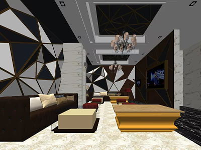 KTV Interior Design With Geometric Patterned Walls Chandelier Sofa And TV Screen 3d model